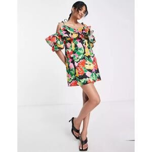 TOPSHOP New Women's Bold Floral Ruffle Bardot Mini Dress Multi Size 8 Party